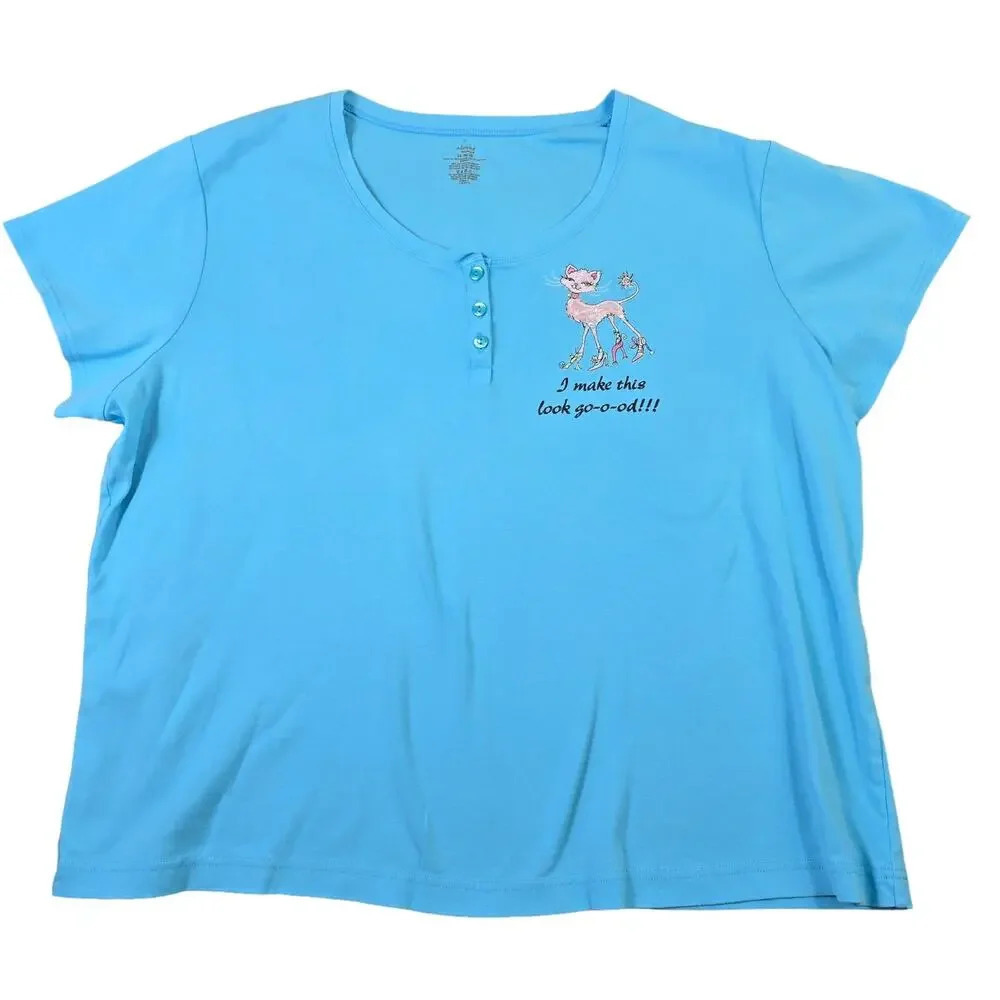 Adonna Fancy Cat Lady Blouse Women's 3X Button Top Embroidered‎ Heels Funny Blue